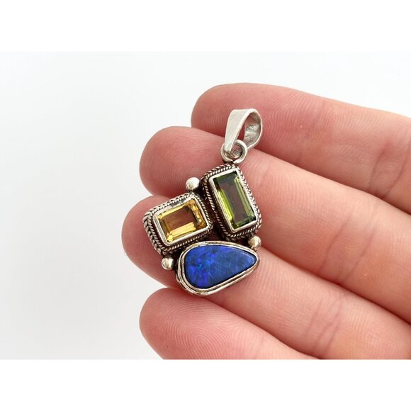Lapis Lazuli, Citrine & Peridot Gemstone Sterling Silver 925 Vintage Pendant - Picture 9 of 9